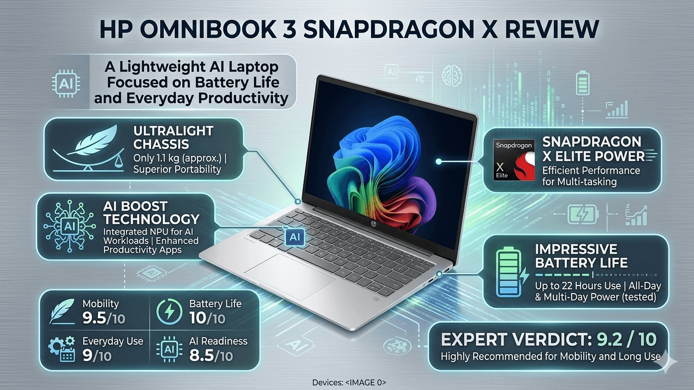 HP OmniBook 3 Snapdragon X Review: A Lightweight AI Laptop Focused on Battery Life and Everyday Productivity